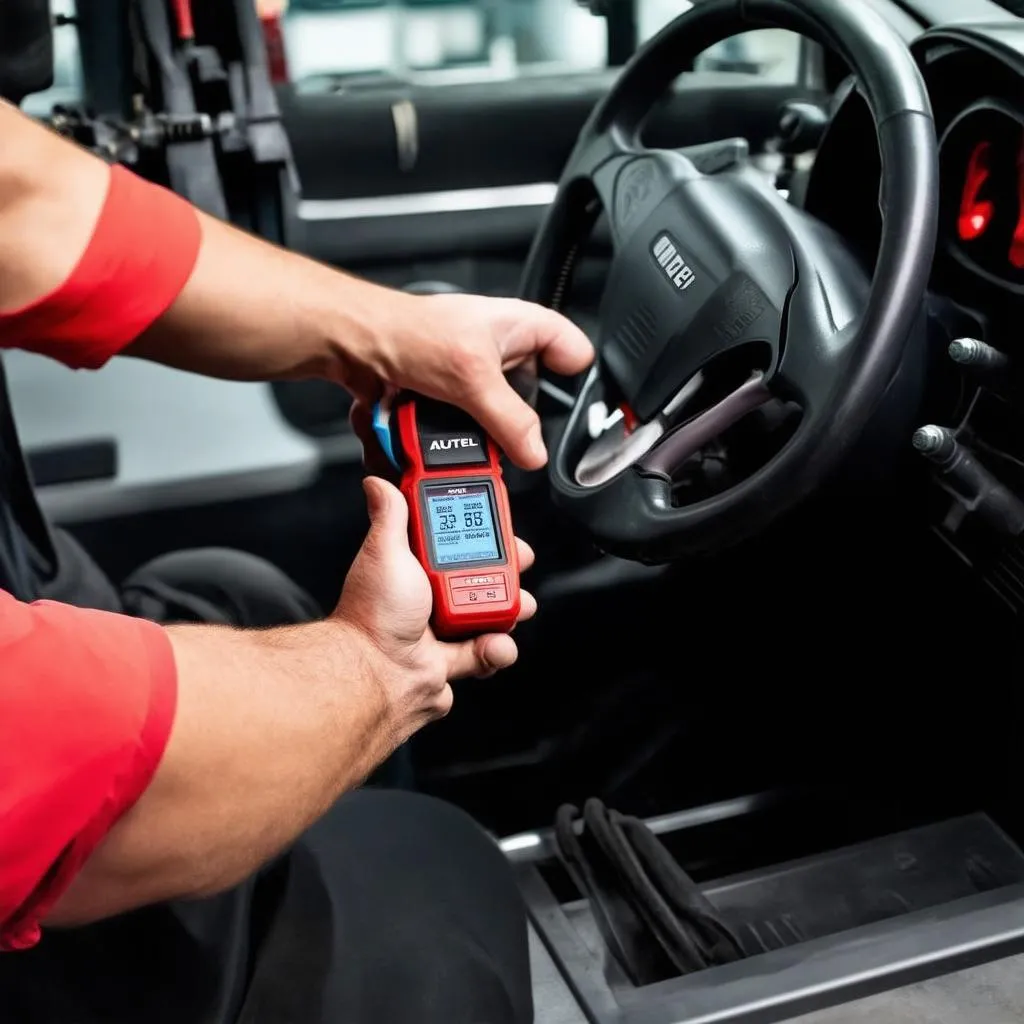 Car mechanic using an Autel OBD2 Scan Tool