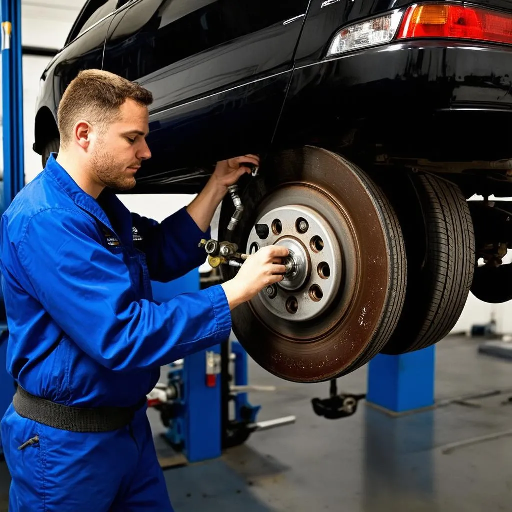 Car mechanic repairing brakes