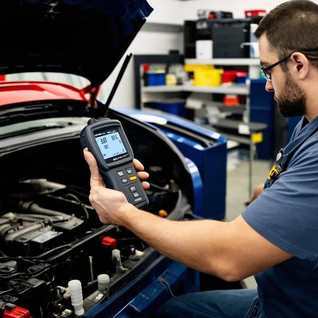 Car Mechanic Using Diagnostic Scanner