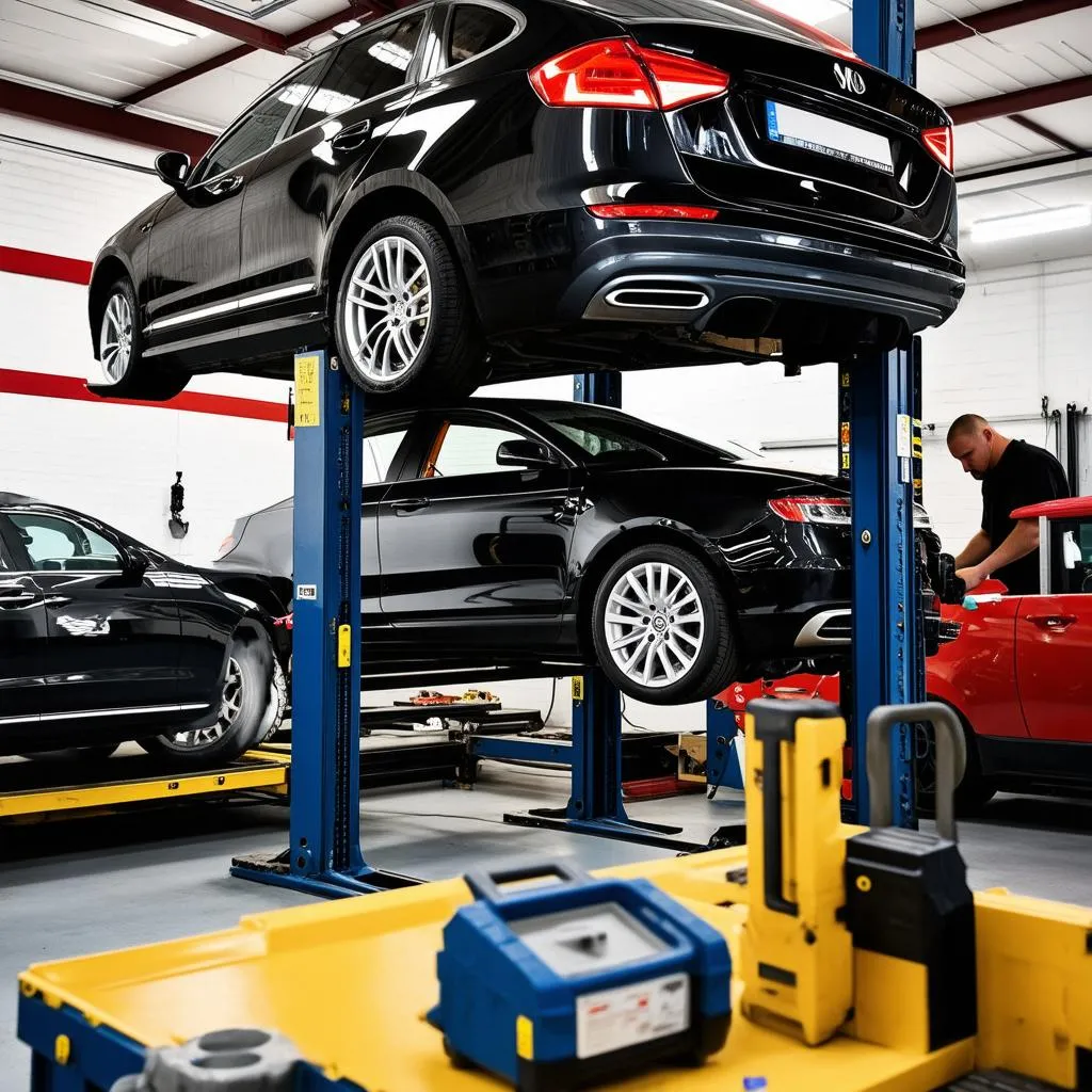 Car on a lift in a mechanic shop with calibration tools in the foreground