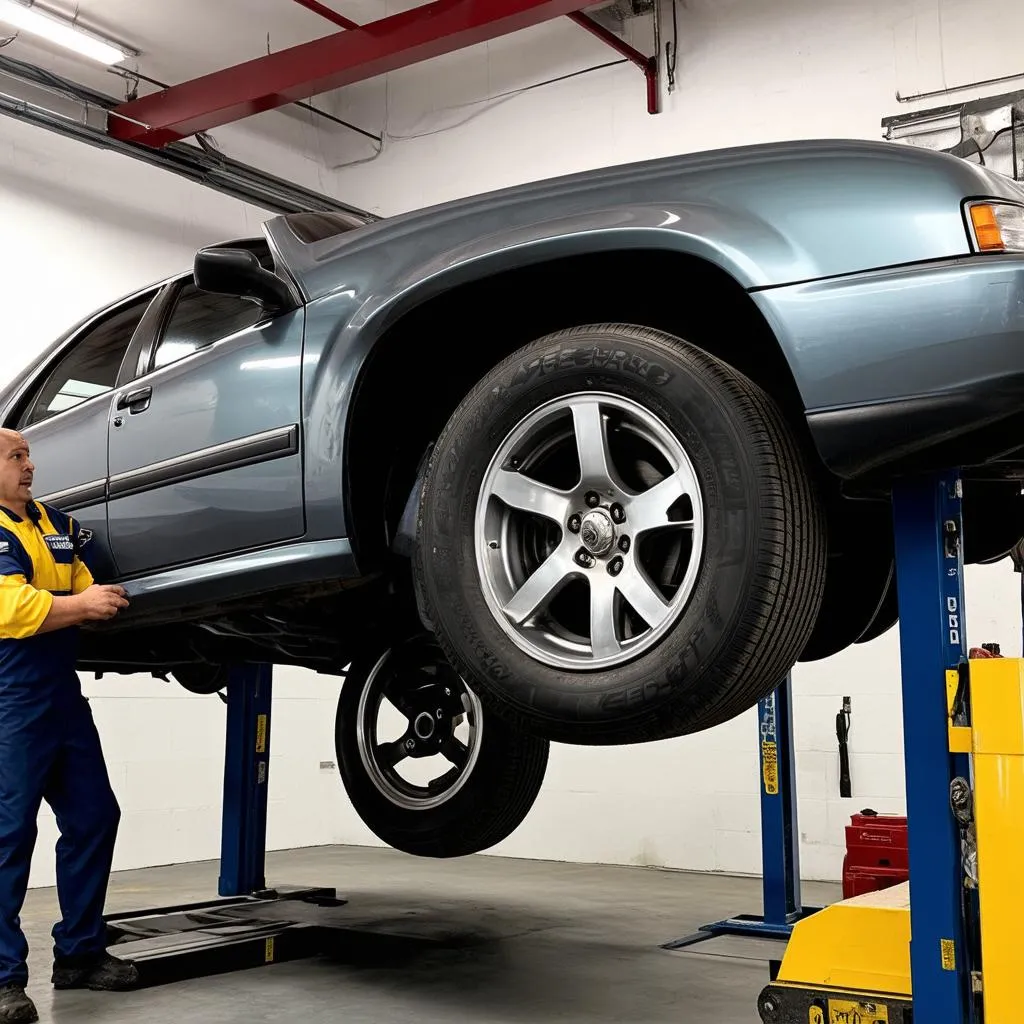 Car on a lift for a tire change