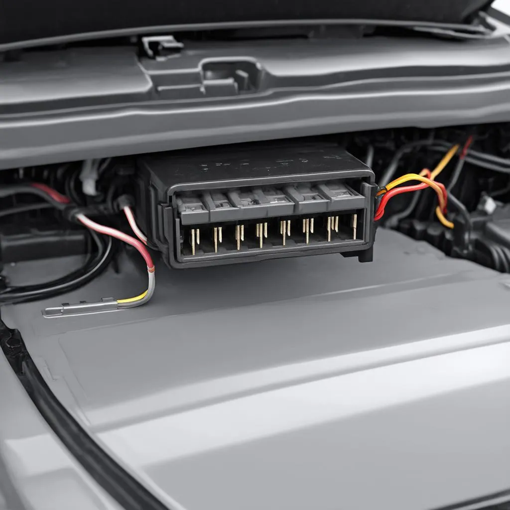 A car's sensor connector with a close-up of the wires and pins