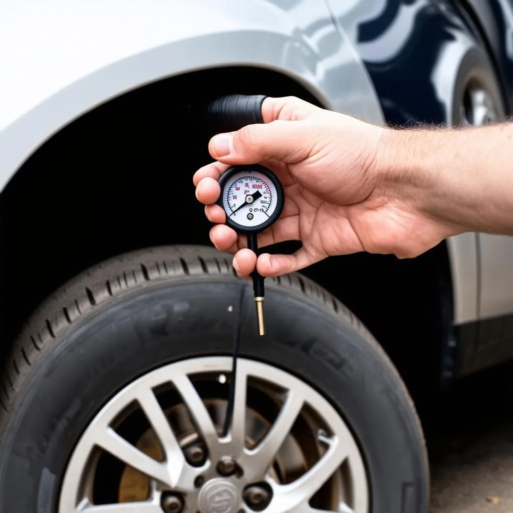 Checking car tire pressure with a gauge