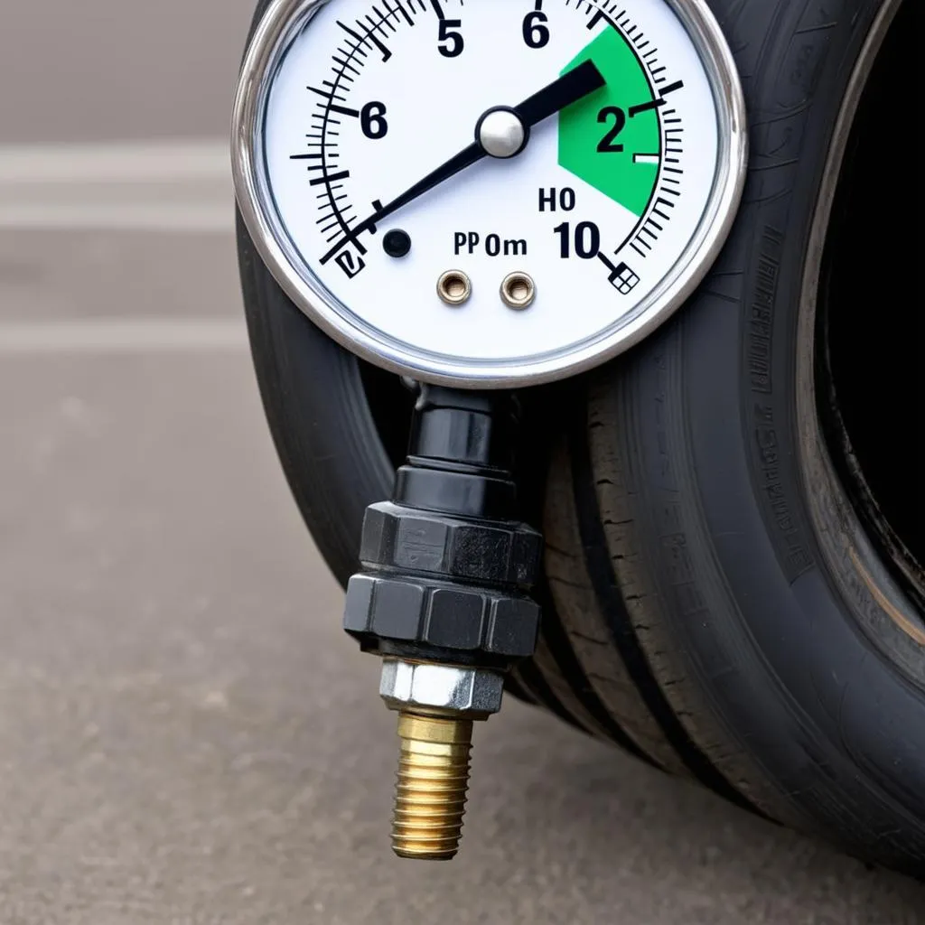 Checking tire pressure with gauge