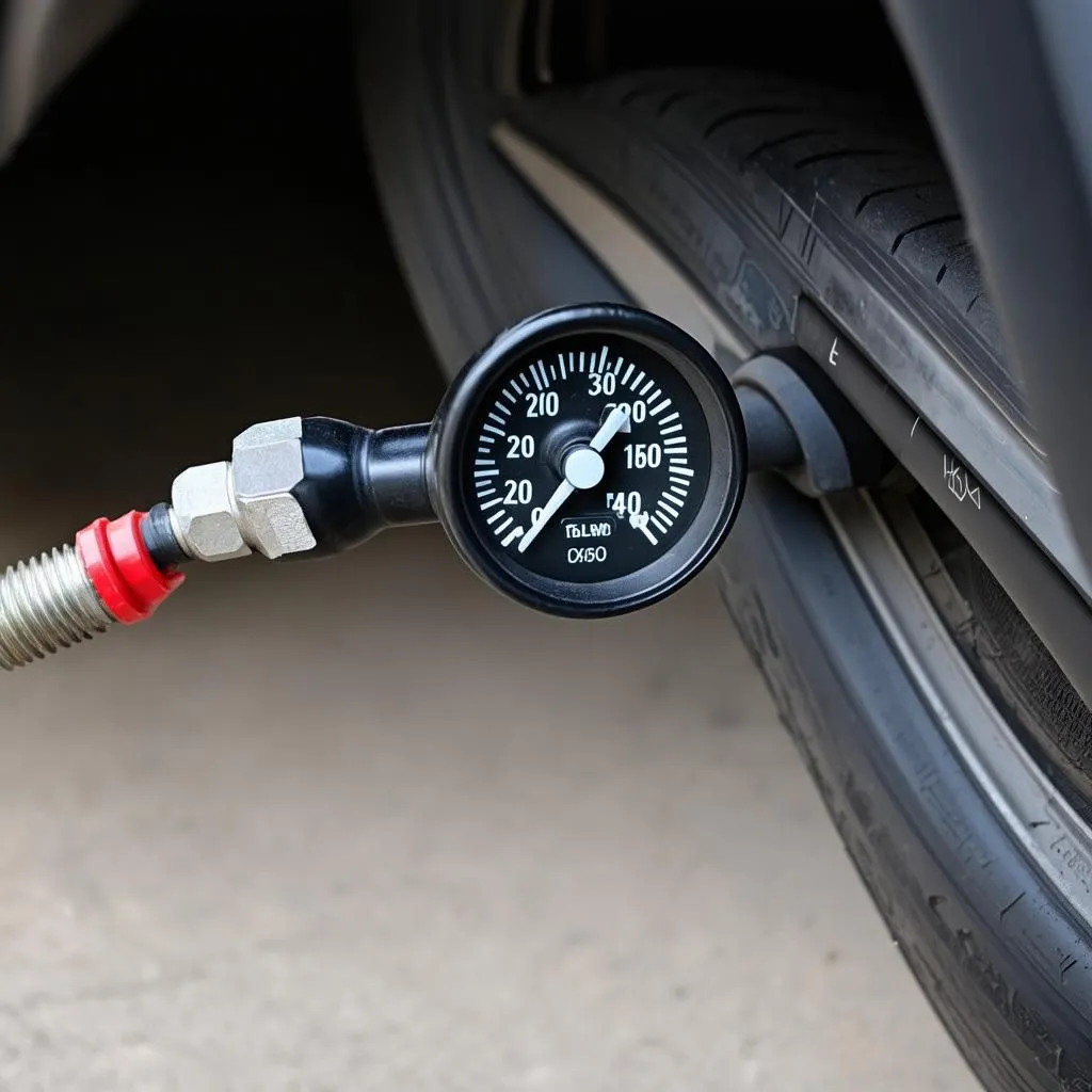 Tire pressure gauge on a car tire