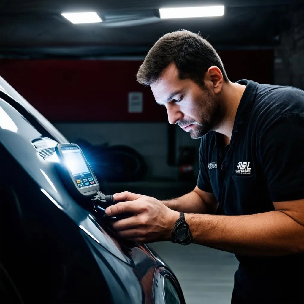 Mechanic using a dealer scanner