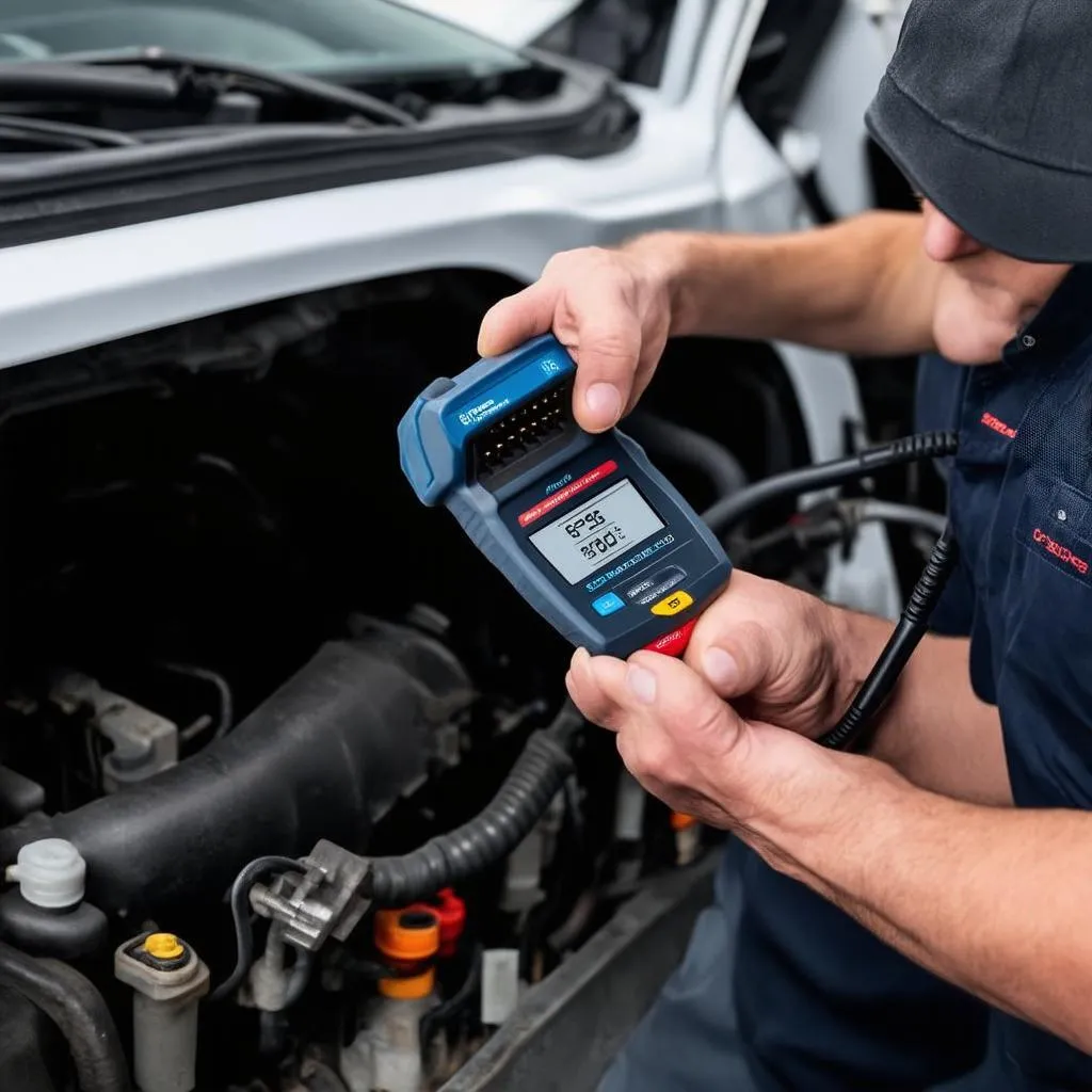 Car diagnostic tool plugged into a car's OBD-II port