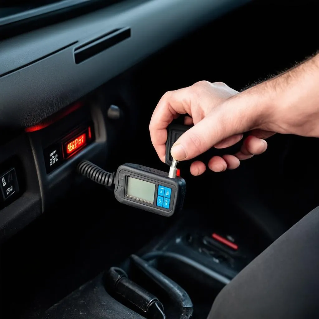 A mechanic plugging a diagnostic tool into a car's OBD-II port