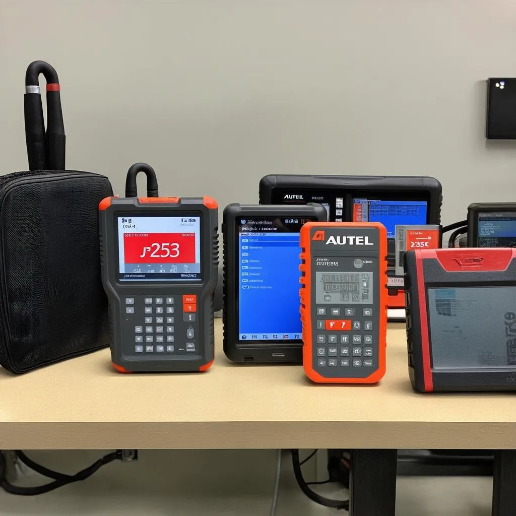 Various Autel J2534 devices laid out on a workbench