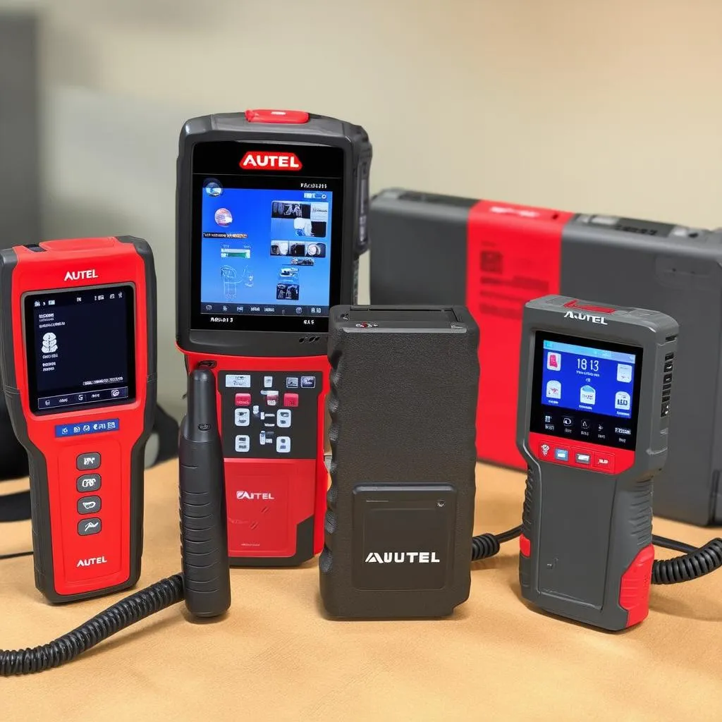 A variety of Autel scanners displayed on a table