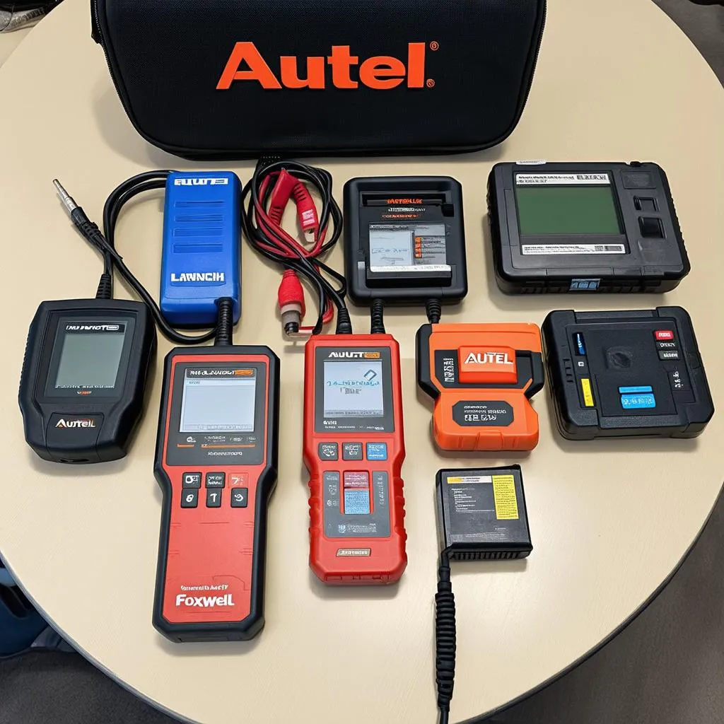 A collection of different car diagnostic scanners from various brands