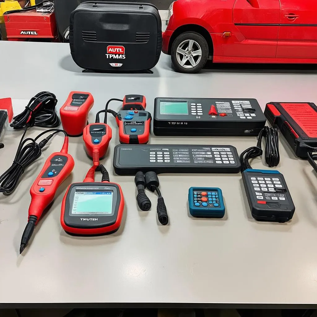 Different types of Autel TPMS tools displayed on a workbench.