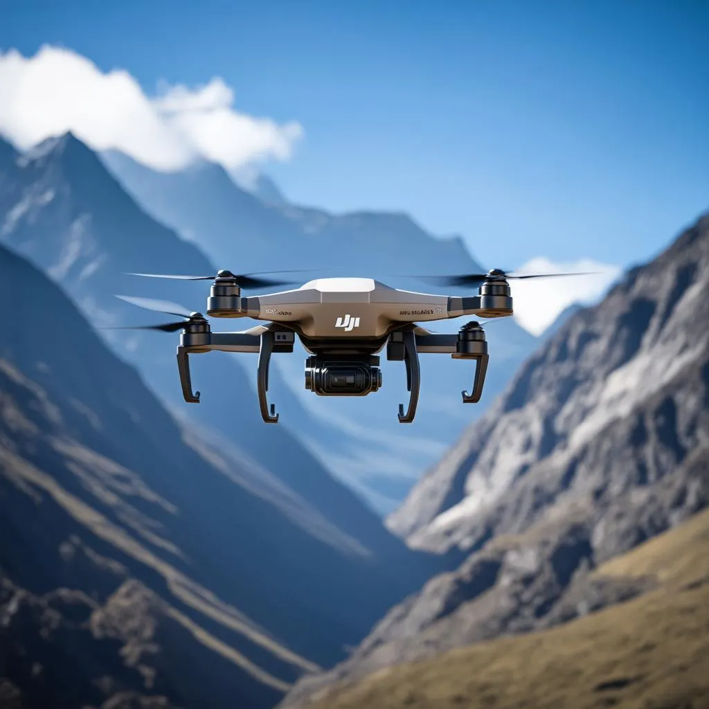 DJI drone capturing aerial photography of a mountain range