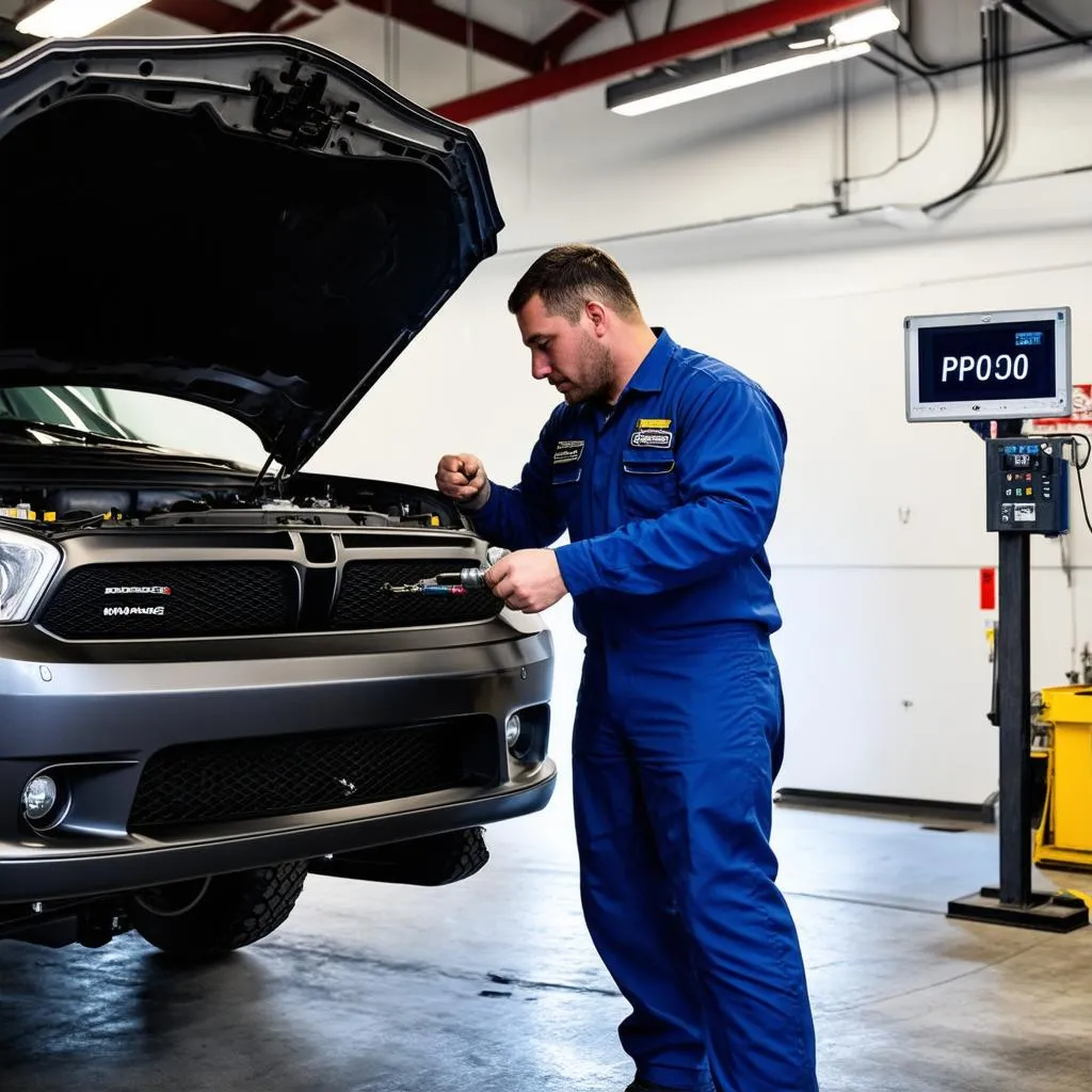 A mechanic inspecting the transmission of a Dodge vehicle in a professional garage, with the P0700 code displayed on a diagnostic computer.