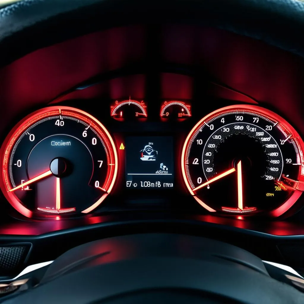 Dashboard of a modern European car with warning lights illuminated