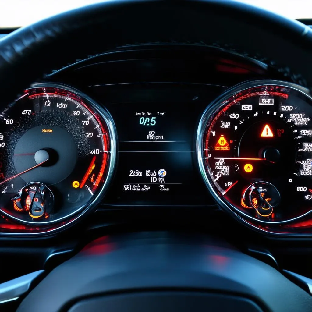 Car dashboard showing multiple warning lights