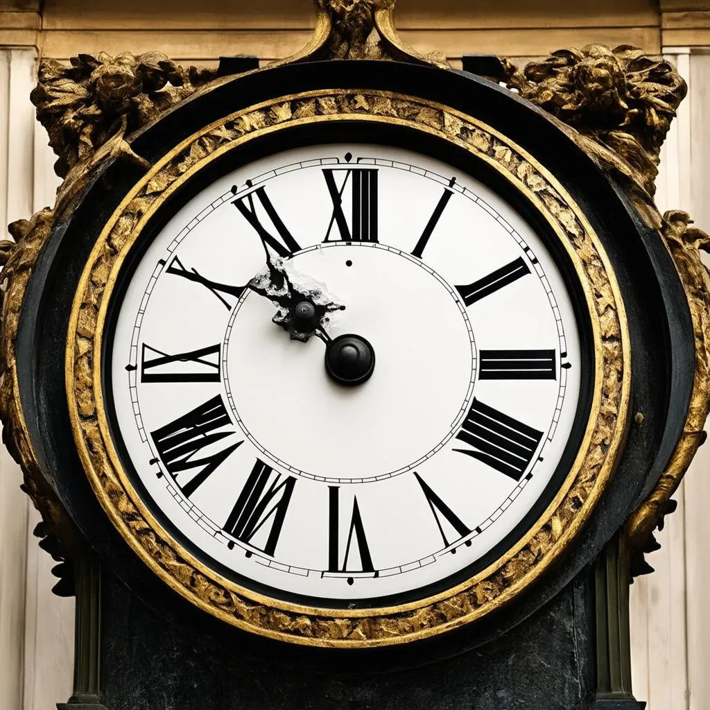 An old, ornate clock with Roman numerals.