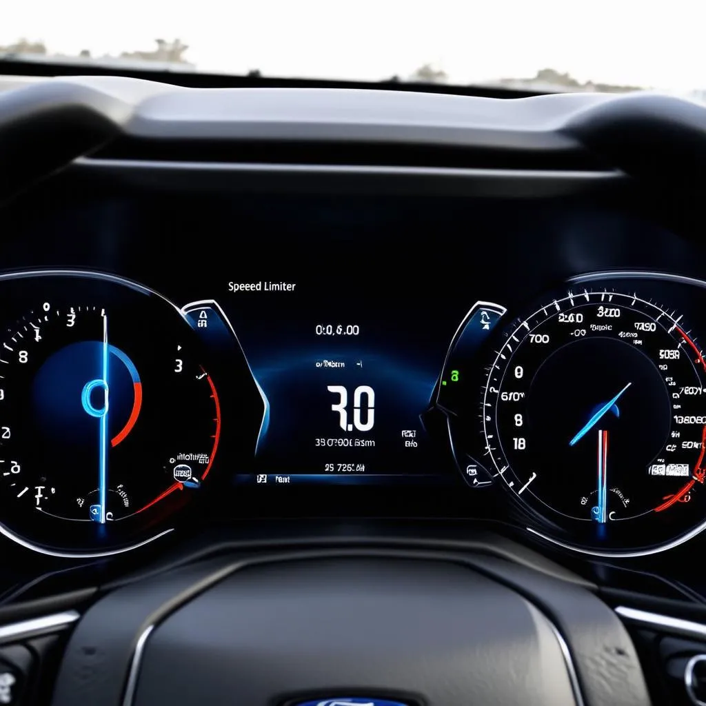 Close-up of a Ford dashboard displaying the speed limiter icon