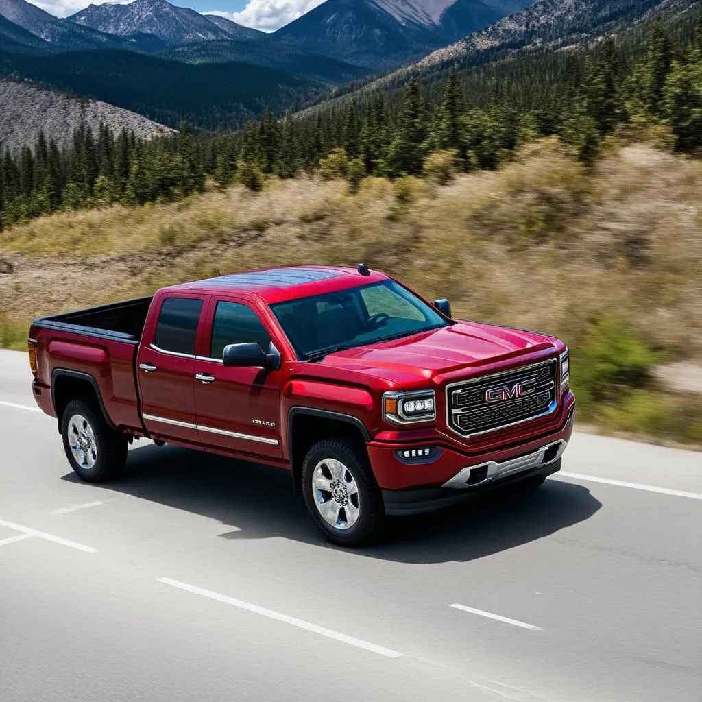 2016 GMC Sierra driving down a scenic highway