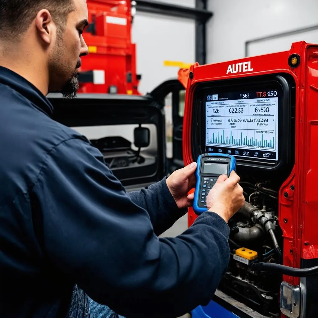 Mechanic analyzing diagnostic data on Autel TS608