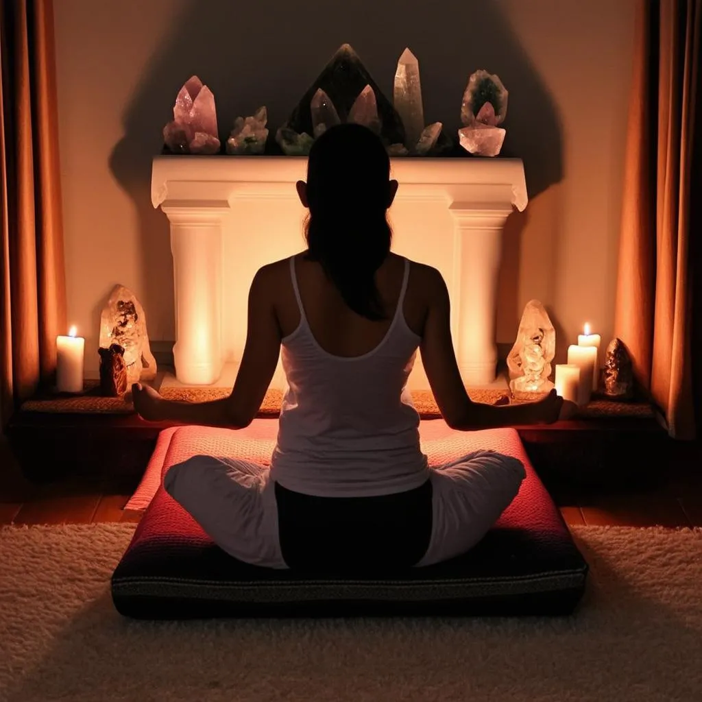 Person meditating in front of an altar