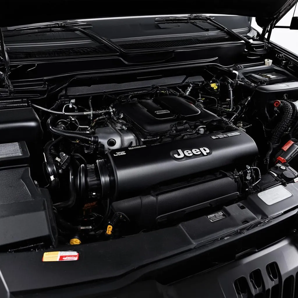 Close-up of a Jeep Wrangler engine bay.