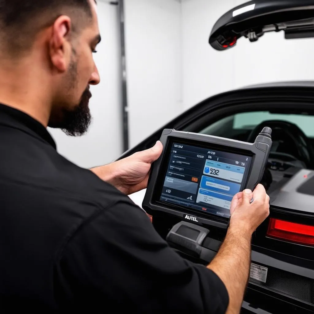 a mechanic using an autel maxisys cv on a bmw