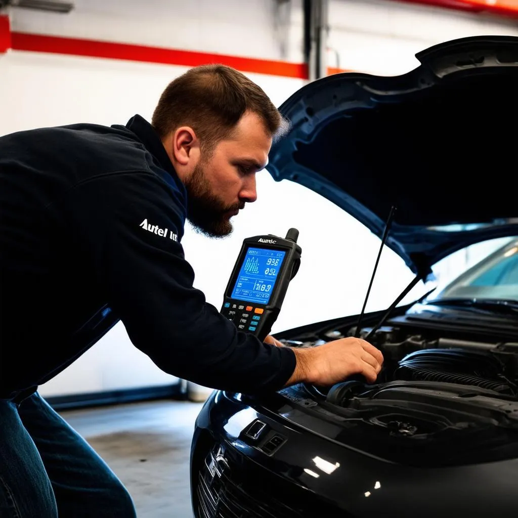 Mechanic analyzing data on Autel MS906