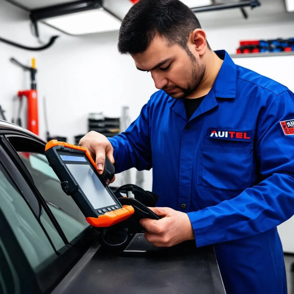 Mechanic applying screen protector on Autel MK908