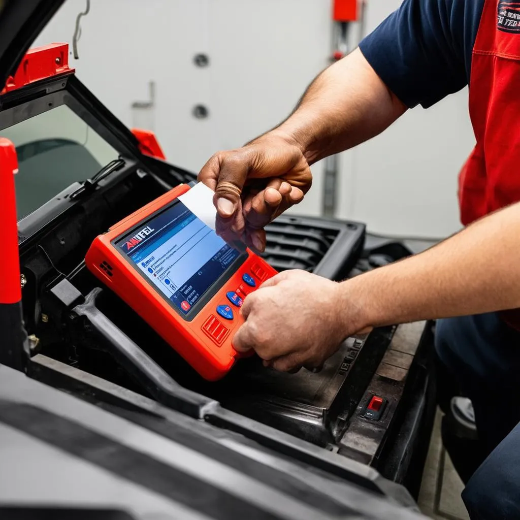 Mechanic applying screen protector on Autel MaxiDAS DS808