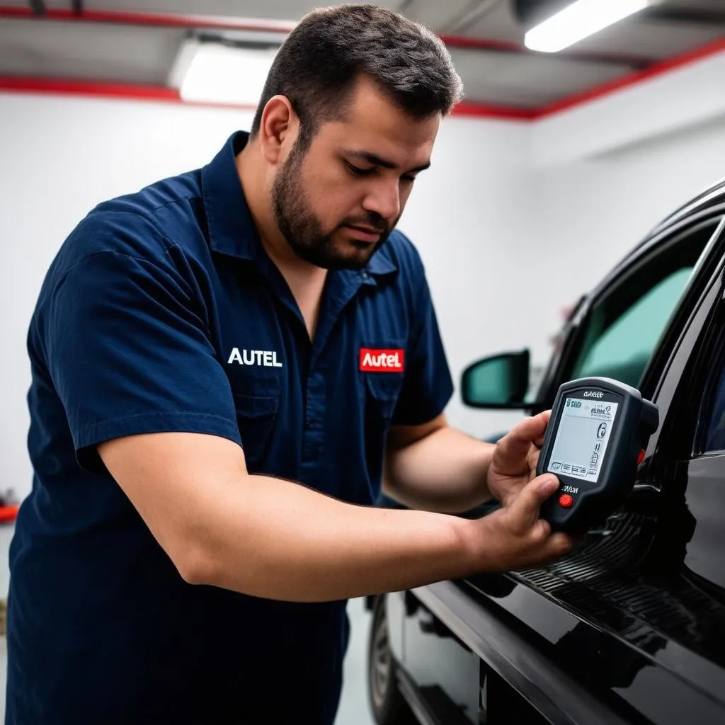 Mechanic using an Autel scanner to diagnose a car problem