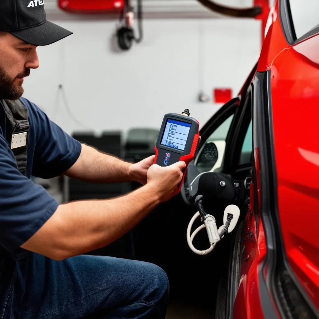 Mechanic using an Autel scanner to diagnose a car problem