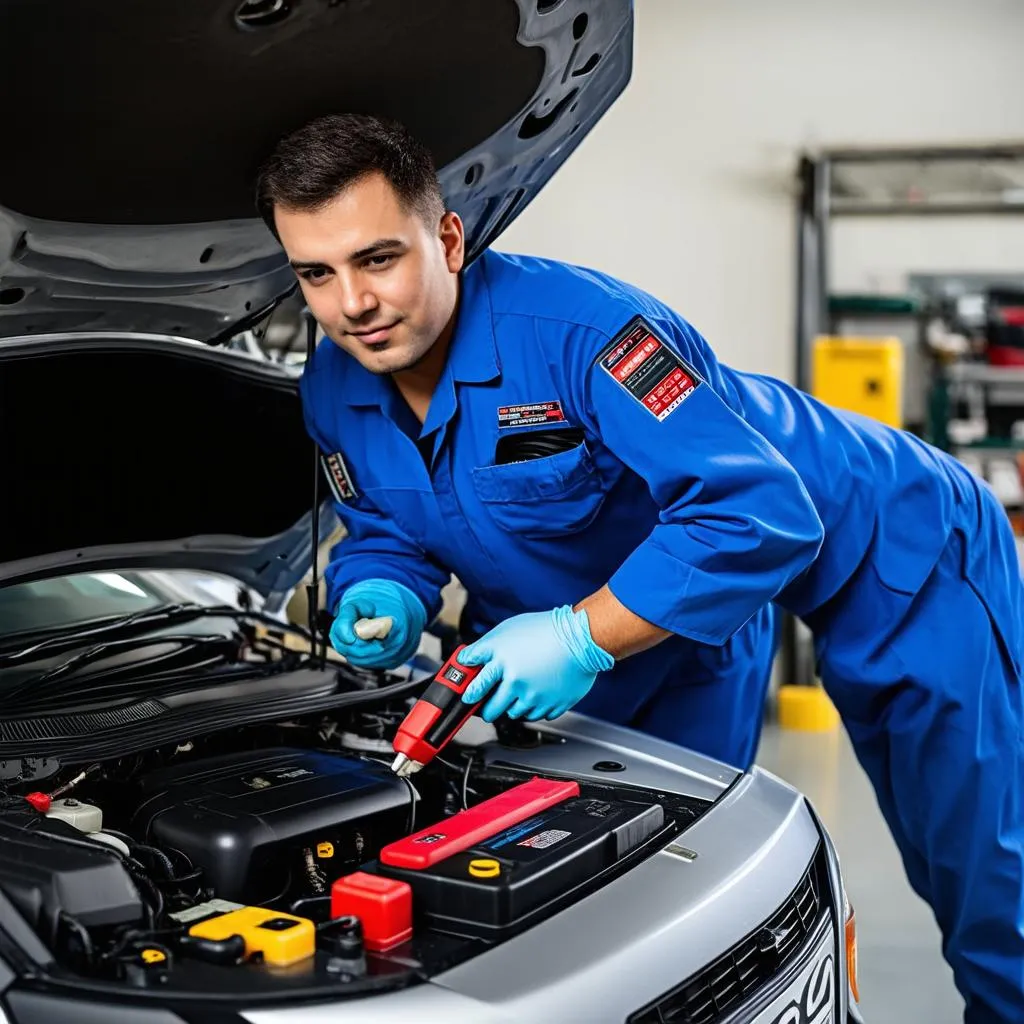 Mechanic checking a car battery.