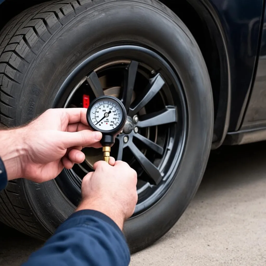 mechanic checking tire pressure