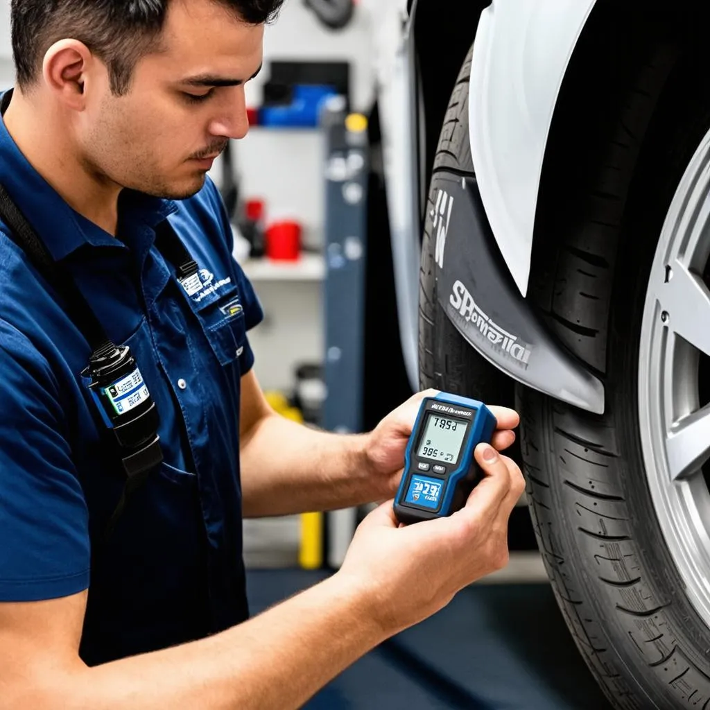 Mechanic Checking TPMS Sensor