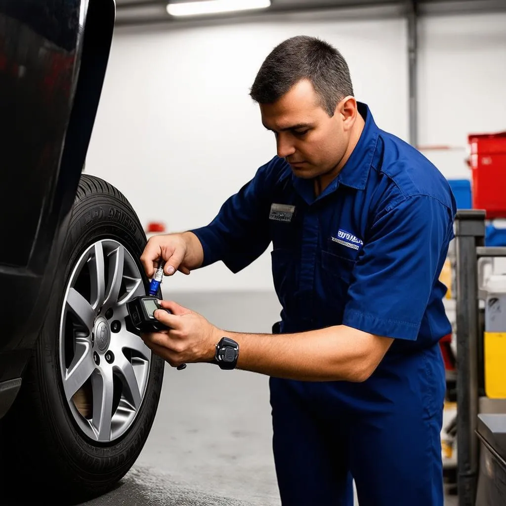 Mechanic inspecting a TPMS sensor on a car tire