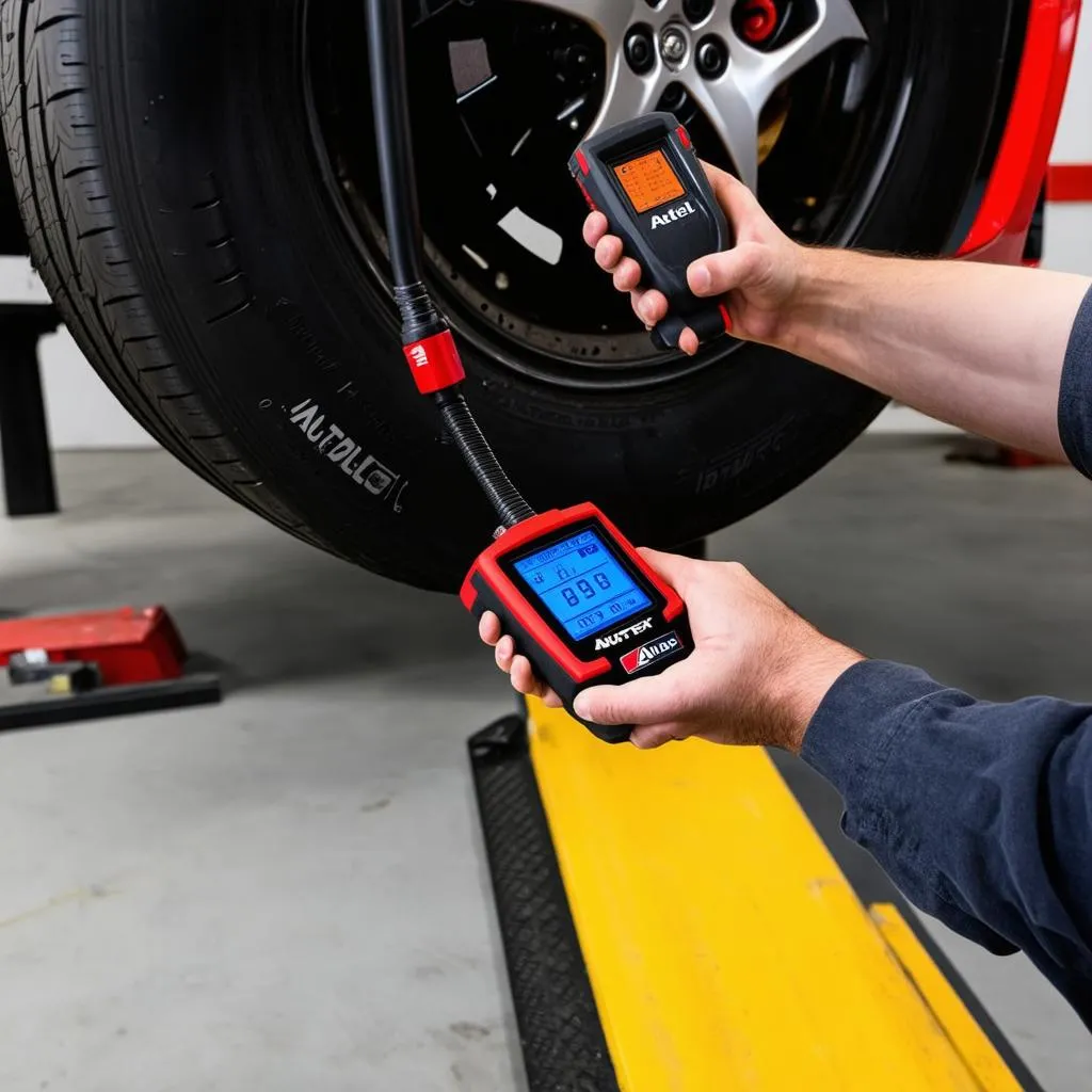 Mechanic Checking TPMS with Autel Tool