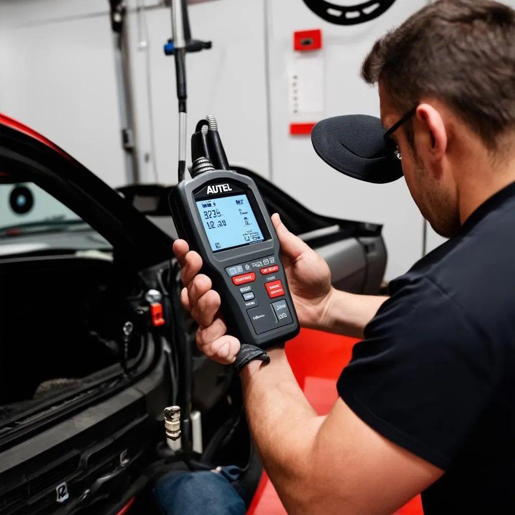 Mechanic connecting Autel scanner to BMW