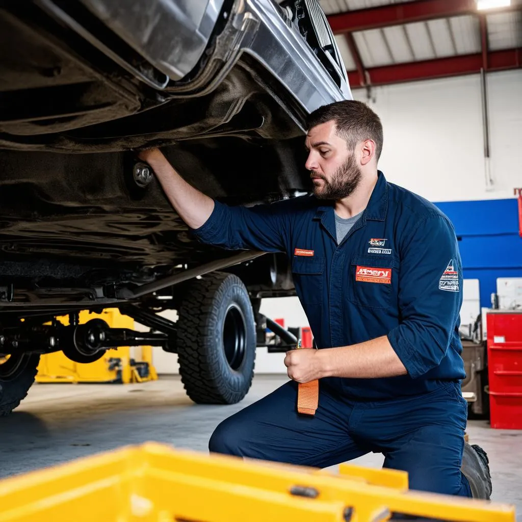 Mechanic inspecting a 4x4 vehicle