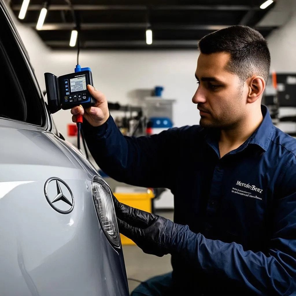 Mechanic diagnosing a Mercedes-Benz using a diagnostic tool