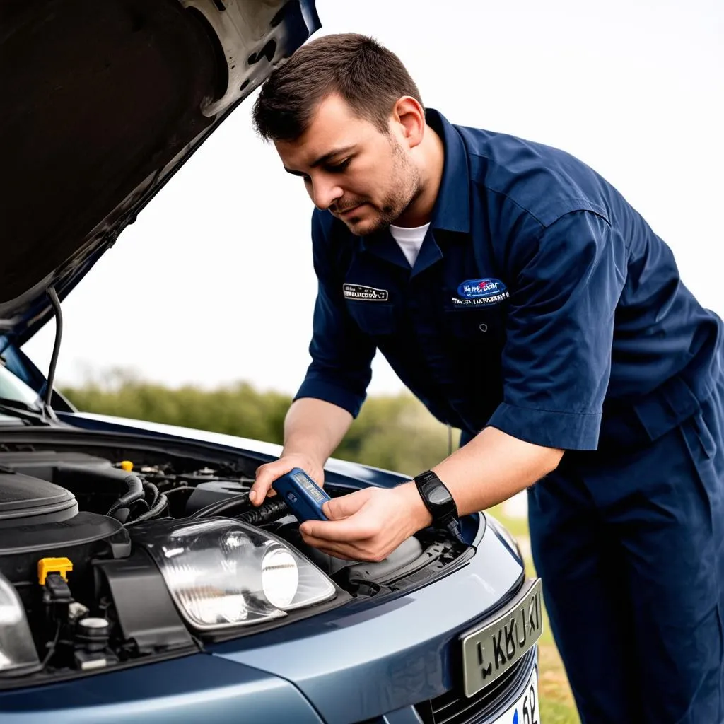 Mechanic diagnosing car with a diagnostic tool