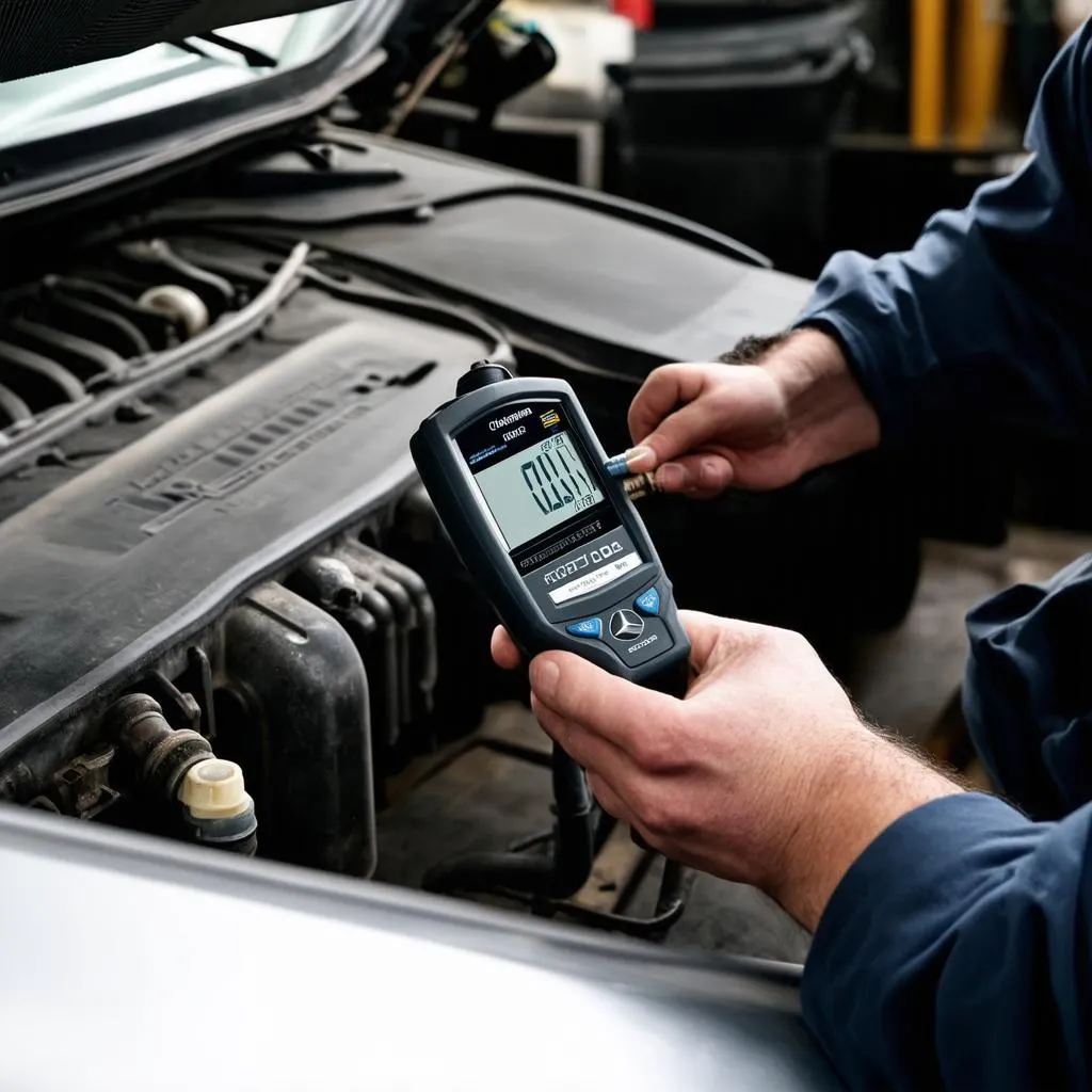 Mechanic diagnosing car