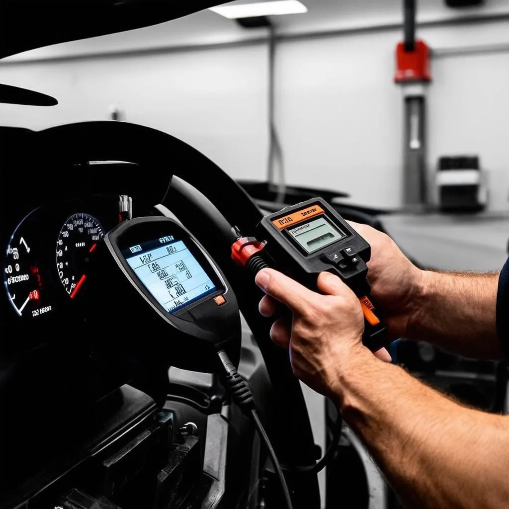 Mechanic using a diagnostic tool to read error codes related to the EPC light on a Mercedes-Benz.