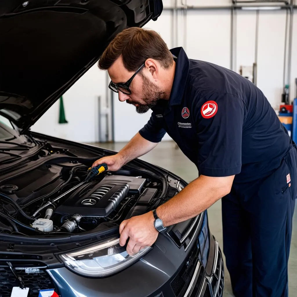 Mechanic using diagnostic tool on Mercedes