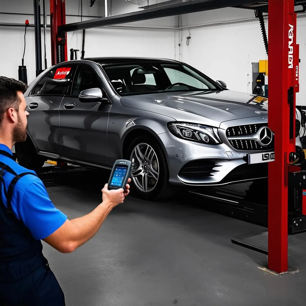 Mechanic Using Autel IM508 on a Mercedes-Benz