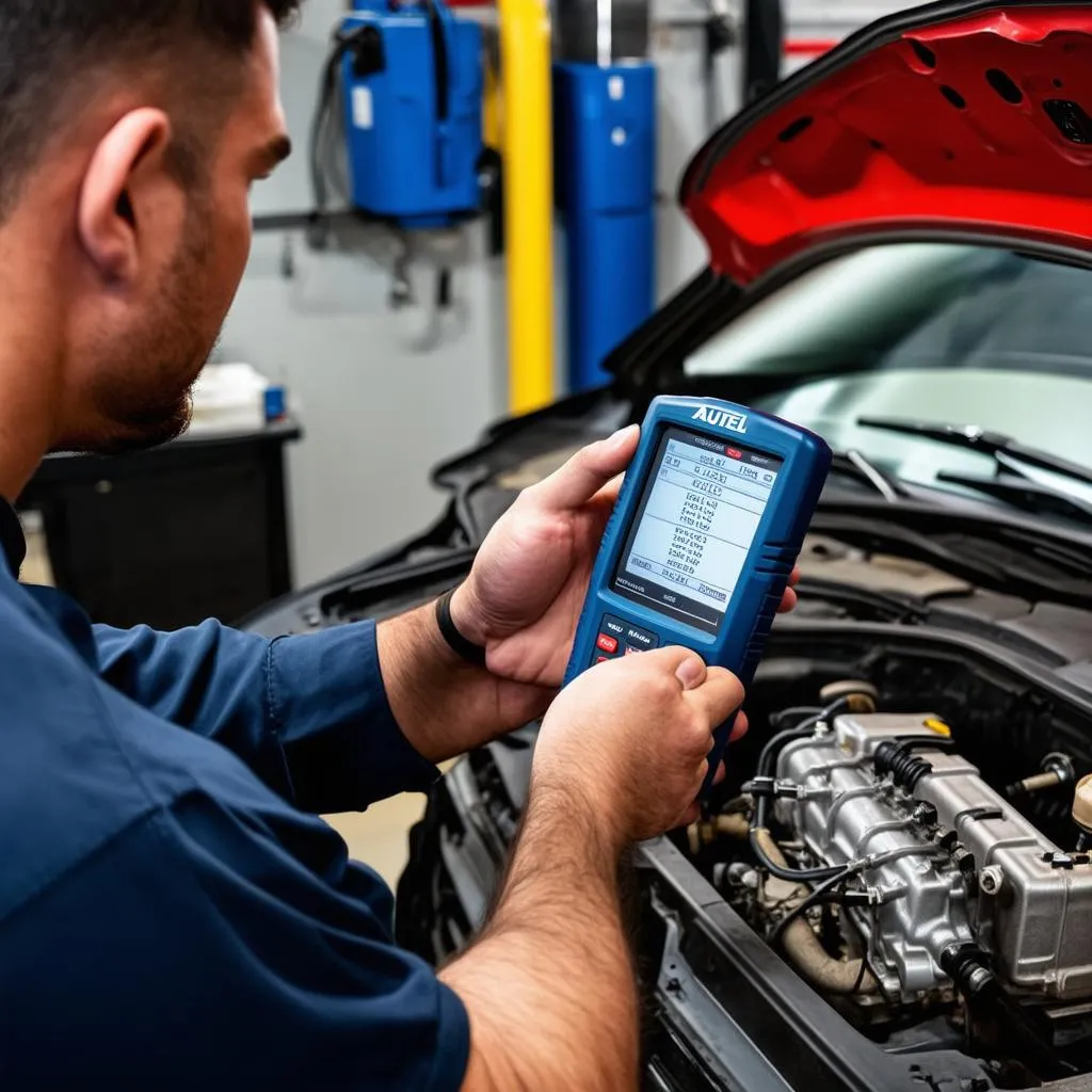 Mechanic Diagnosing Transmission with Autel Scanner