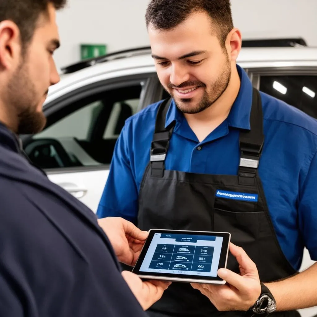 Mechanic Explaining Diagnostics to Client