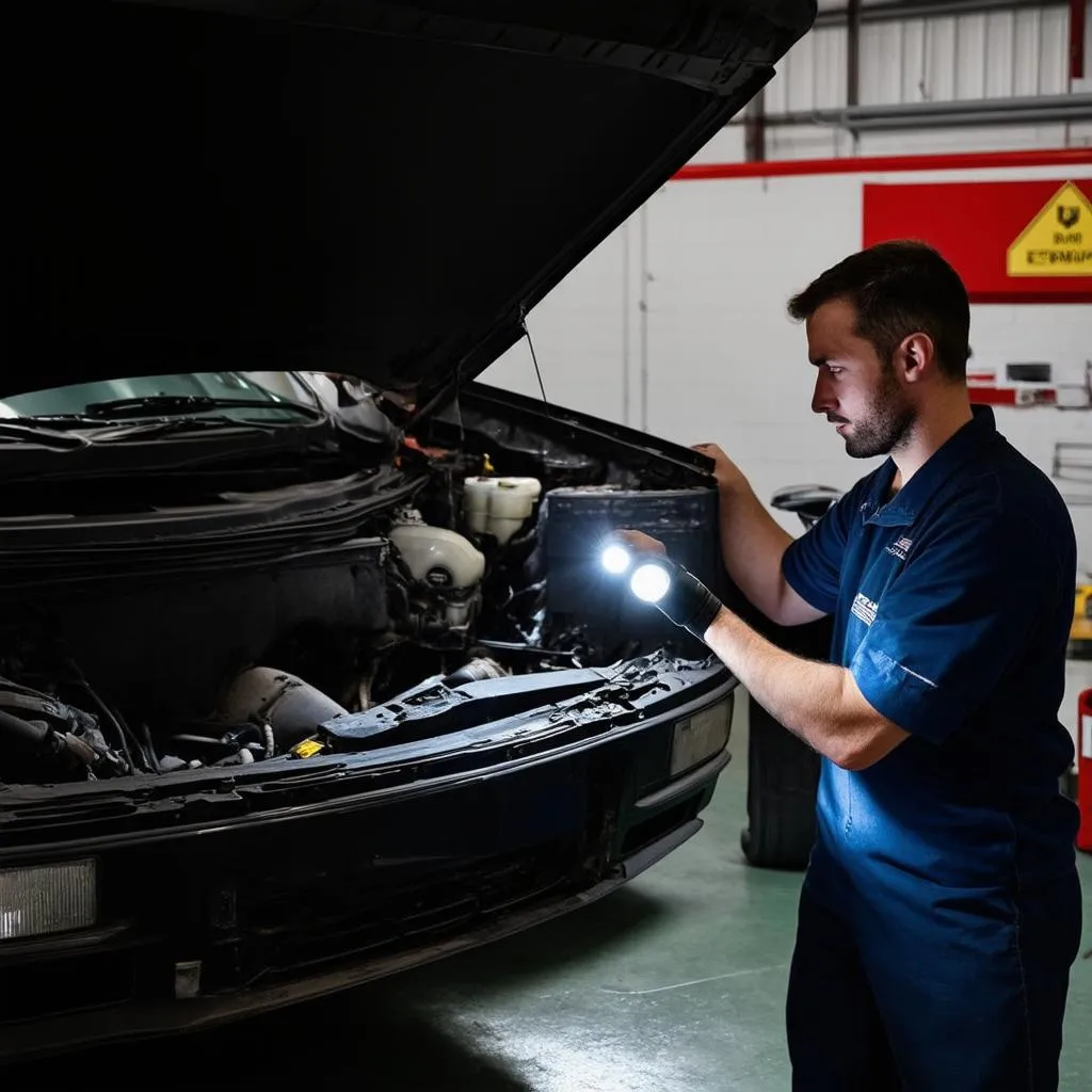 Mechanic inspecting car after collision