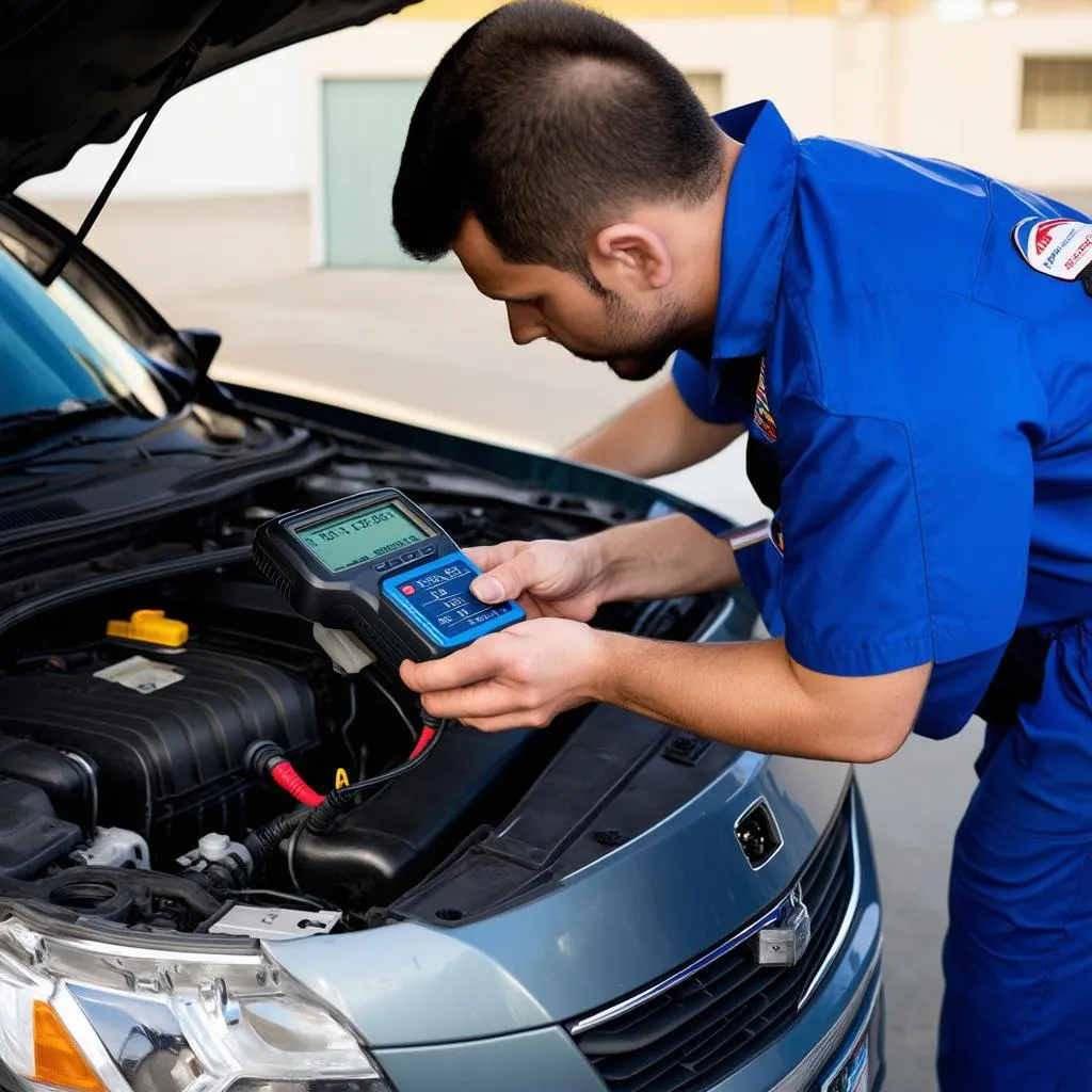 Mechanic inspecting a car engine with a diagnostic tool