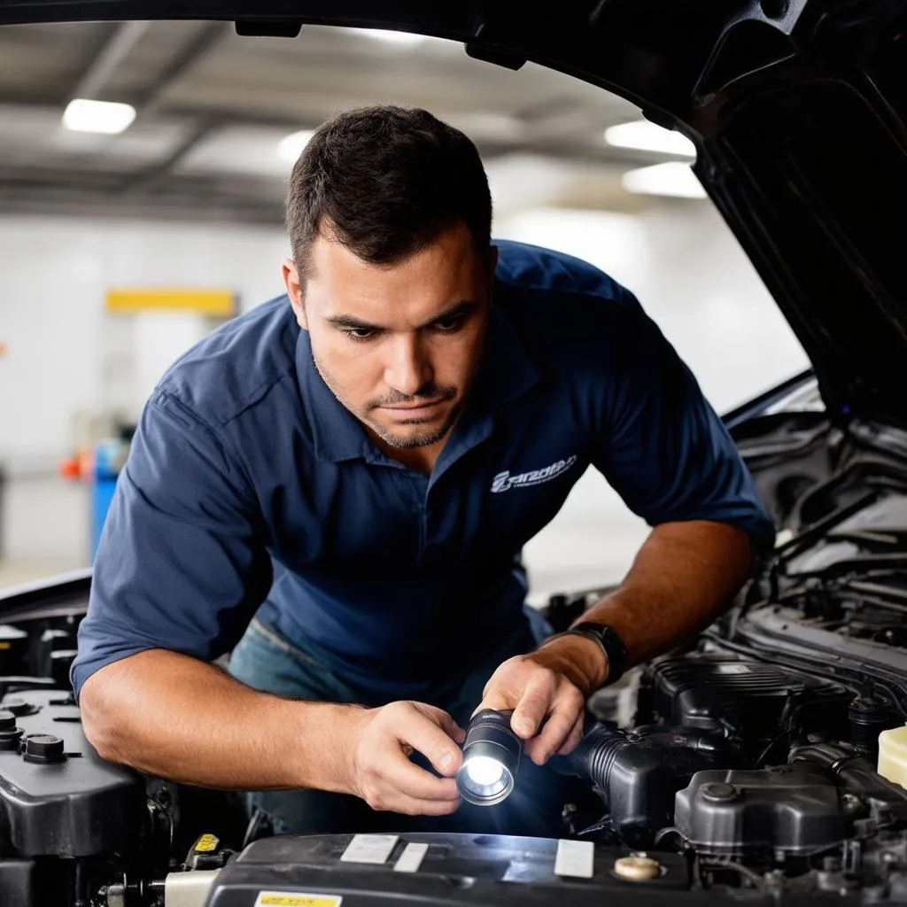 Mechanic inspecting a car engine with a focused expression